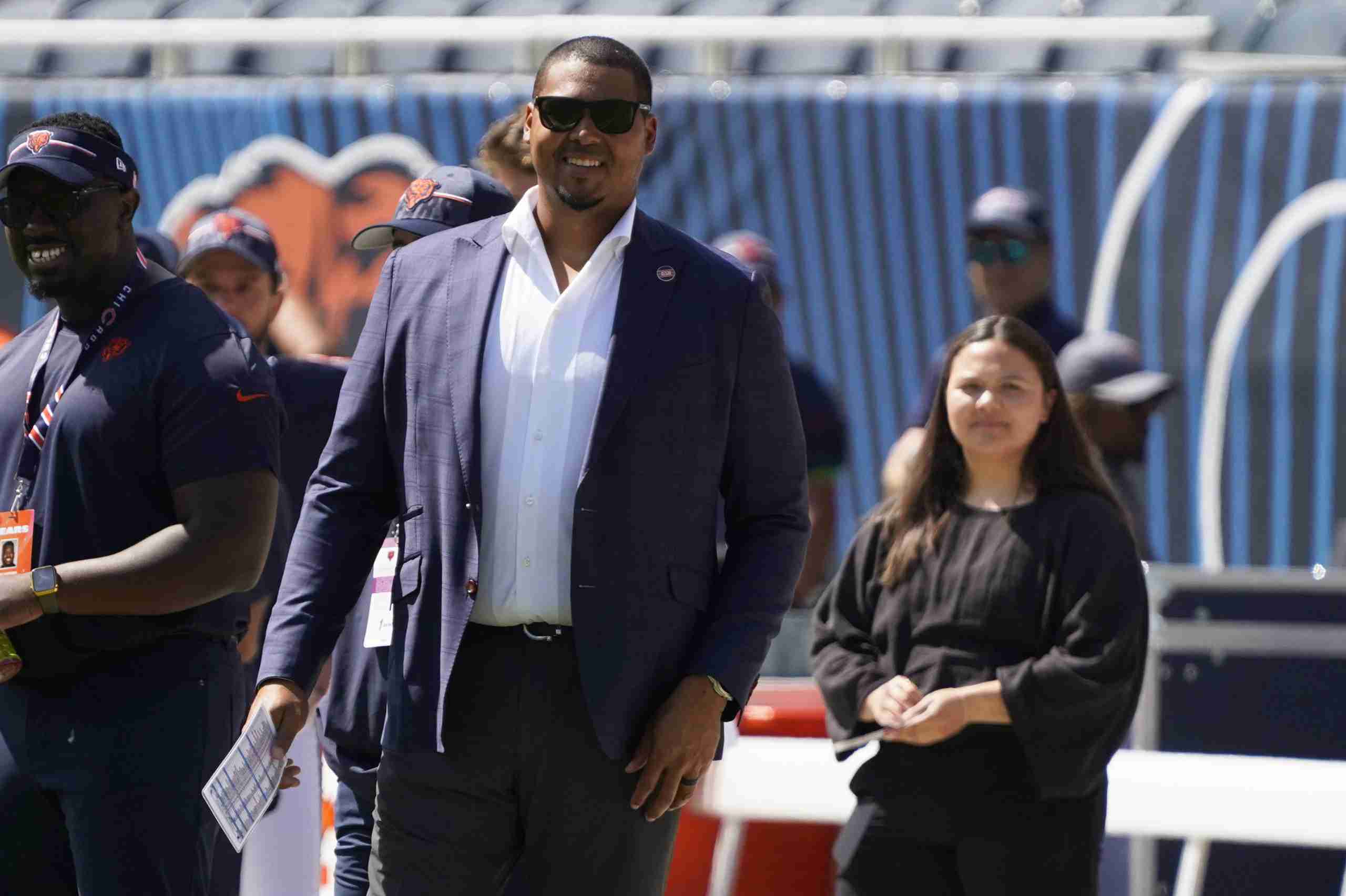 Aug 12, 2023; Chicago, Illinois, USA; ryan Poles, general manager of the Chicago Bears watches warms ups before the game between the Chicago Bears and the Tennessee Titans at Soldier Field. Mandatory Credit: David Banks-USA TODAY Sports