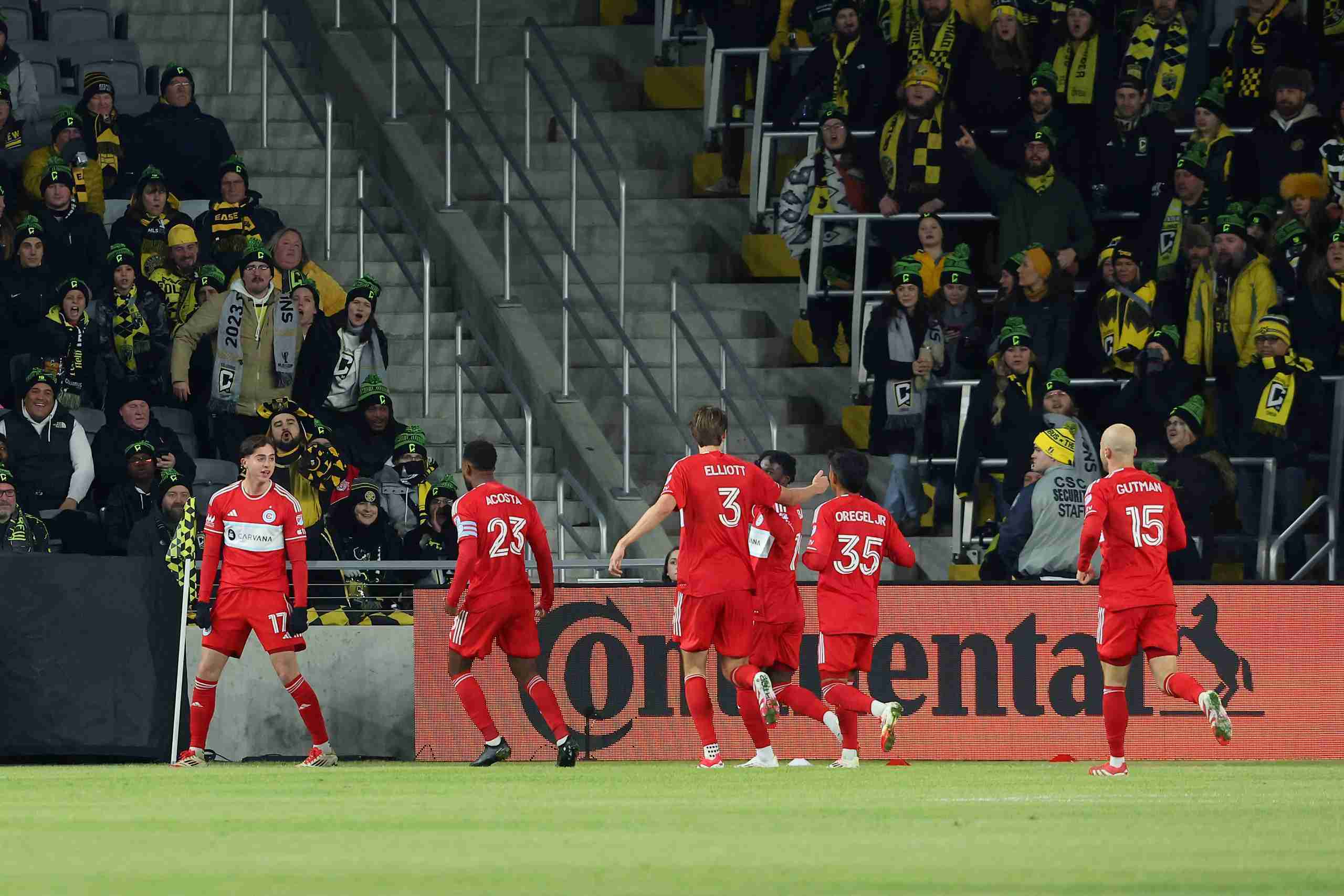Feb 22, 2025; Columbus, Ohio, USA; Chicago Fire FC midfielder Brian Gutierrez (17) celebrates his goal during the first half against Columbus Crew at Lower.com Field. Mandatory Credit: Joseph Maiorana-Imagn Images