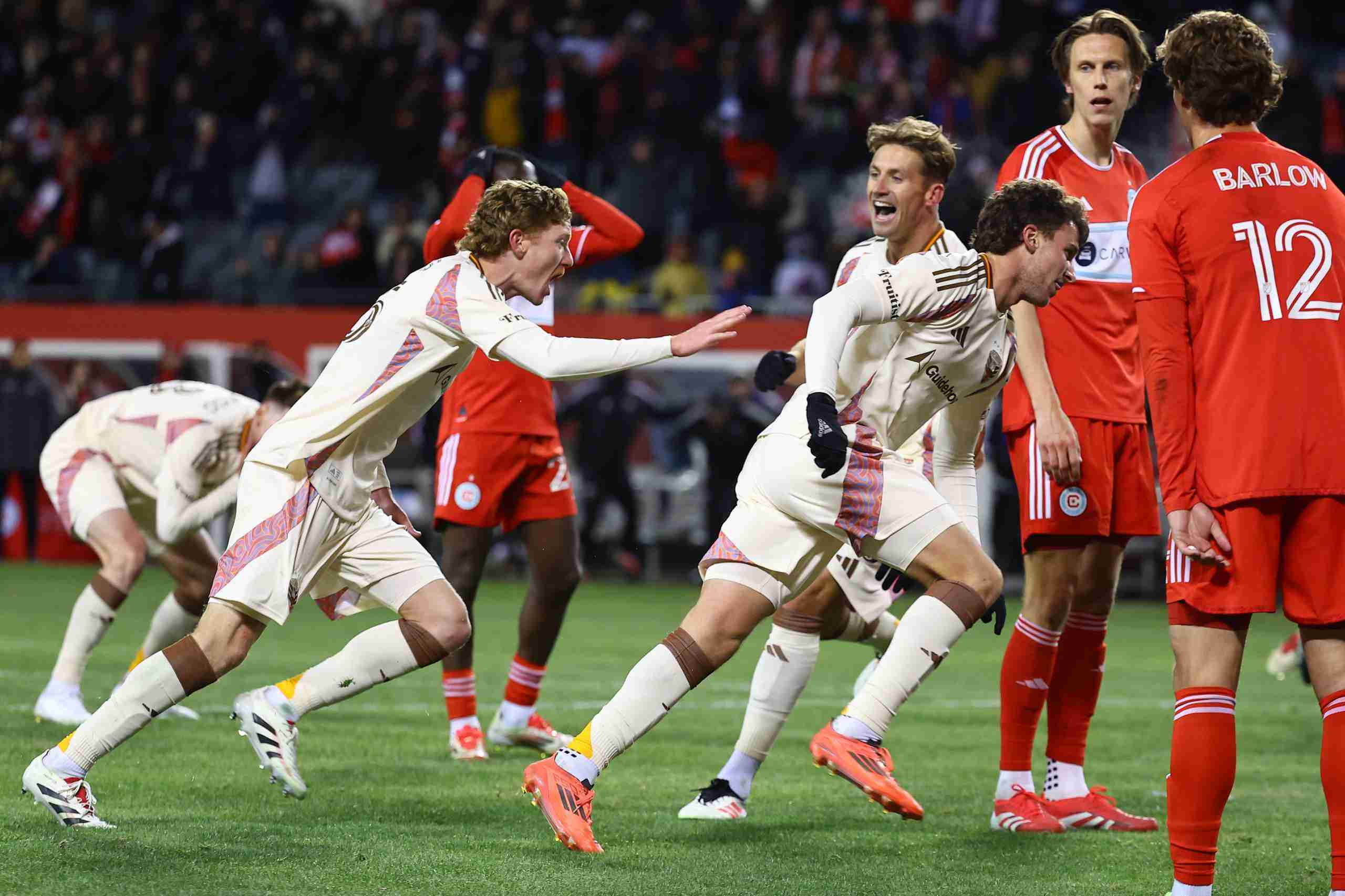 Mar 1, 2025; Chicago, Illinois, USA; D.C. United forward Jacob Murrell (17) reacts after scoring a goal against Chicago Fire FC during the second half at Soldier Field. Mandatory Credit: Mike Dinovo-Imagn Images