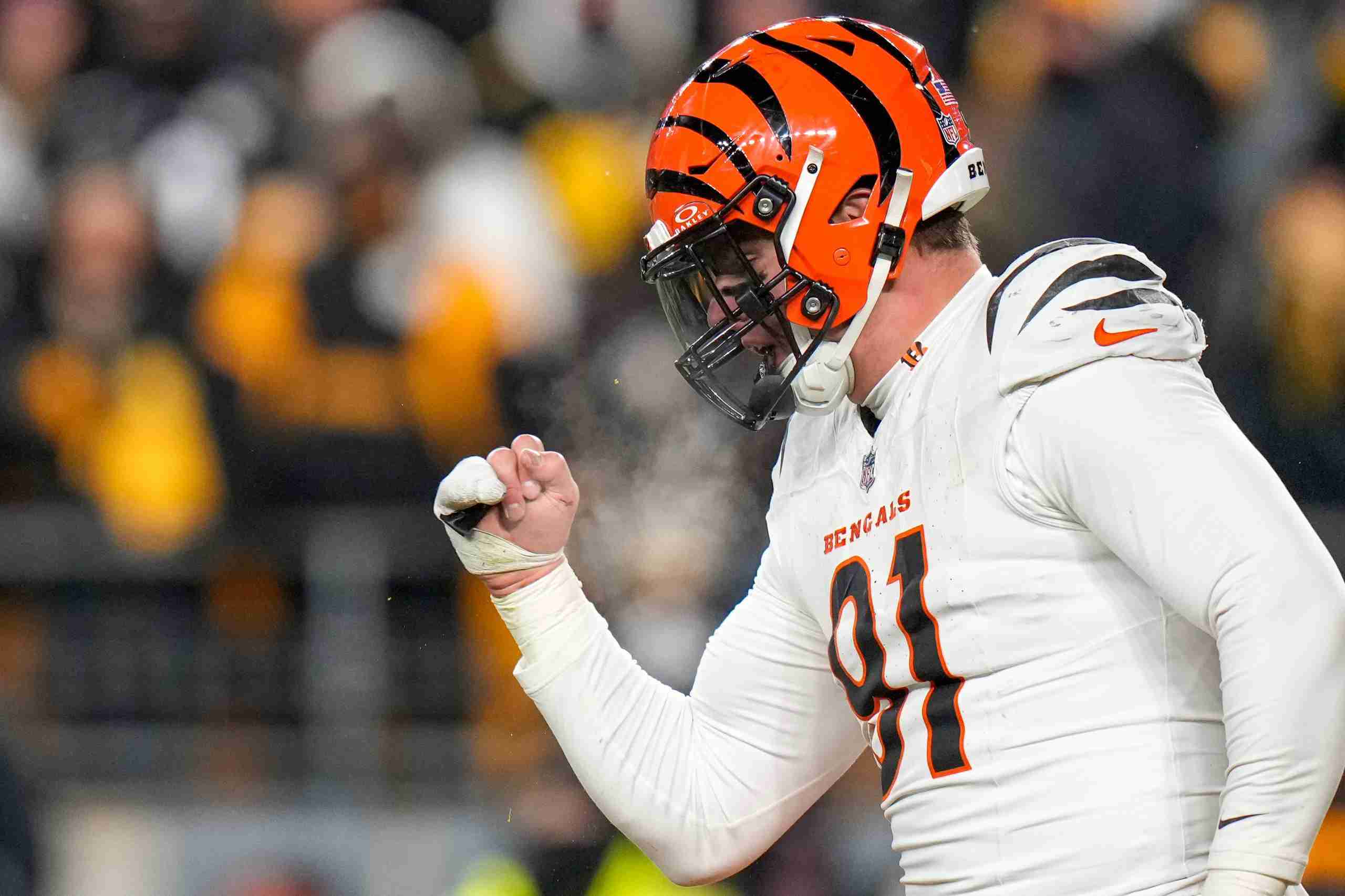 Cincinnati Bengals defensive end Trey Hendrickson (91) celebrates as the Steelers prepare to punt in the fourth quarter of the NFL Week 18 game between the Pittsburgh Steelers and the Cincinnati Bengals at Acrisure Stadium in Pittsburgh on Saturday, Jan. 4, 2025. The Bengals won 19-17 to finish the regular season at 9-8.